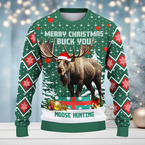 Maxcorners Moose Hunting Green Merry Christmas All Over Print Sweater