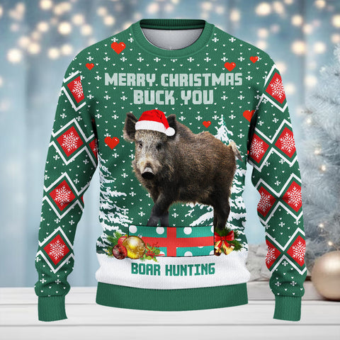 Maxcorners Boar Hunting Green Merry Christmas All Over Print Sweater