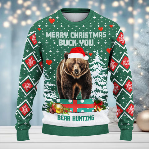 Maxcorners Bear Hunting Green Merry Christmas All Over Print Sweater