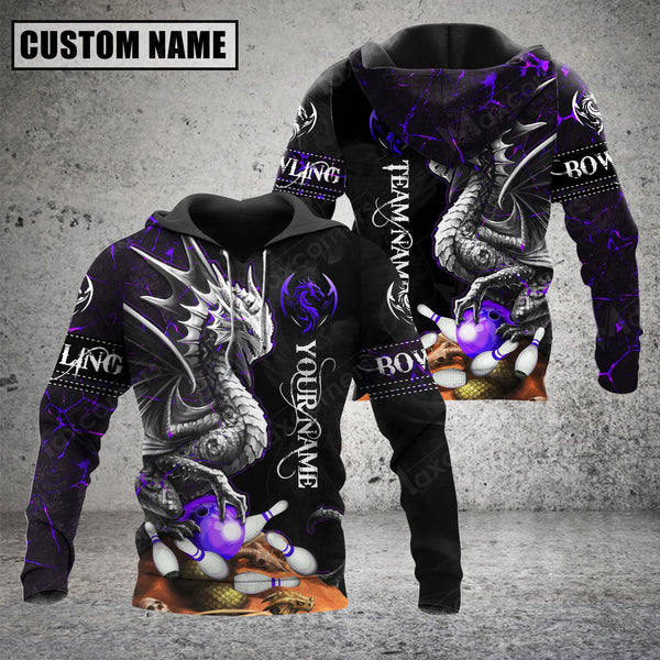 Maxcorners Custom Name Purple Dragon Bowling 3D Hoodie