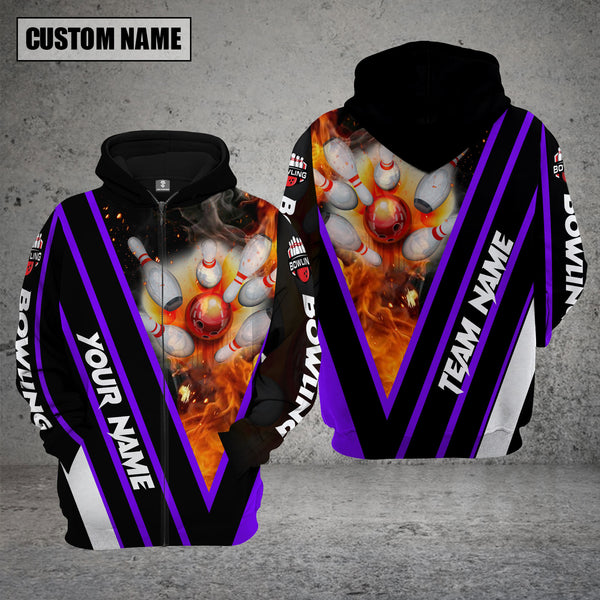 Maxcorners Custom Name Bowling On The Fire Purple 3D Hoodie