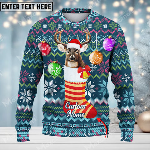 Maxcorners Deer Hunting Sock Merry Christmas Custom Name All Over Print Sweater