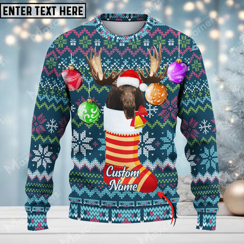 Maxcorners Moose Hunting Sock Merry Christmas Custom Name All Over Print Sweater