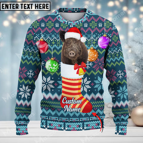 Maxcorners Boar Hunting Sock Merry Christmas Custom Name All Over Print Sweater