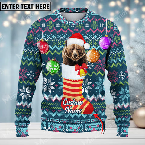 Maxcorners Bear Hunting Sock Merry Christmas Custom Name All Over Print Sweater