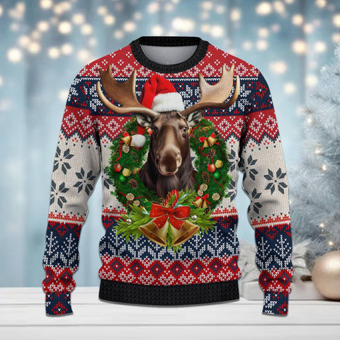Maxcorners Moose Hunting Bell Merry Christmas All Over Print Sweater