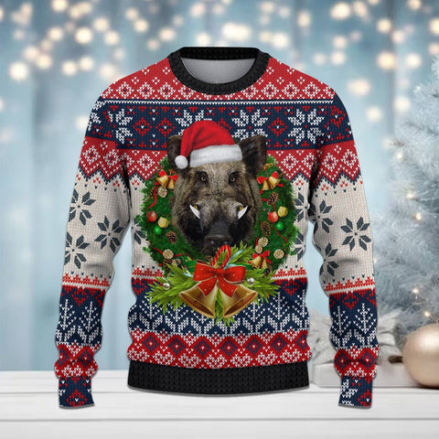 Maxcorners Boar Hunting Bell Merry Christmas All Over Print Sweater