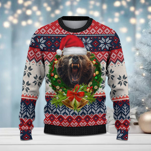 Maxcorners Bear Hunting Bell Merry Christmas All Over Print Sweater