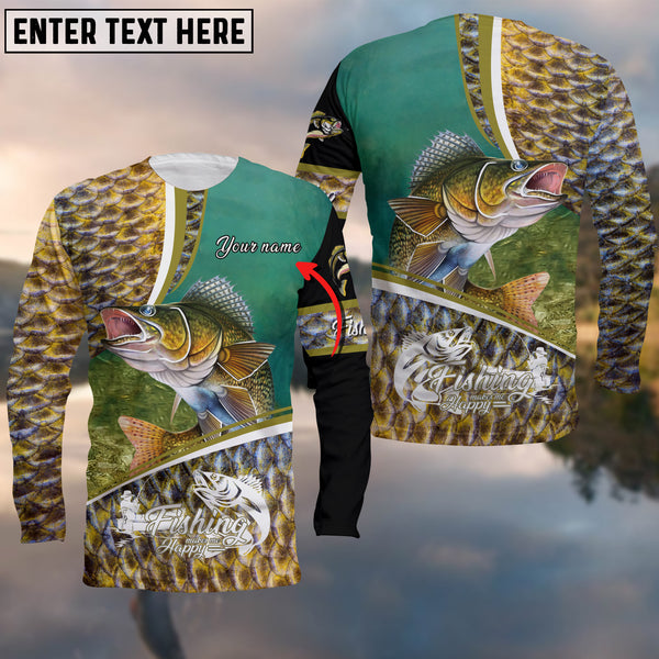 Maxcorners Customize Name Fishing Walleye Makes Me Happy 3D Shirts