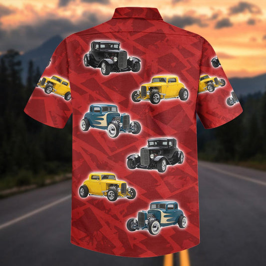 Maxcorners Personalized Vintage Hot Rod Cars Red Geometric Hawaiian Shirt