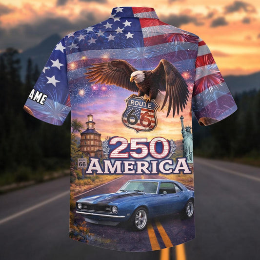 Maxcorners Personalized America 250 Route 66 Bald Eagle Classic Car Hawaiian Shirt