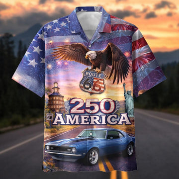 Maxcorners Personalized America 250 Route 66 Bald Eagle Classic Car Hawaiian Shirt