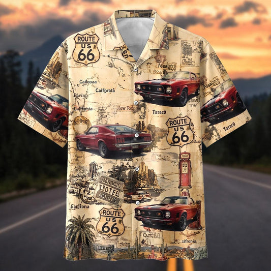 Maxcorners Personalized Vintage Route 66 Ford Mustang Hawaiian Shirt