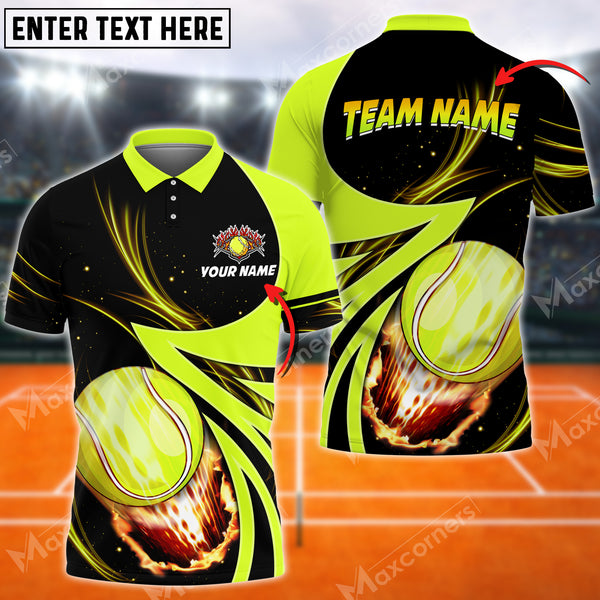 Maxcorners Tennis Ball Fire Colourful Multicolor Options Customized Name 3D Shirt ( 4 Colors )