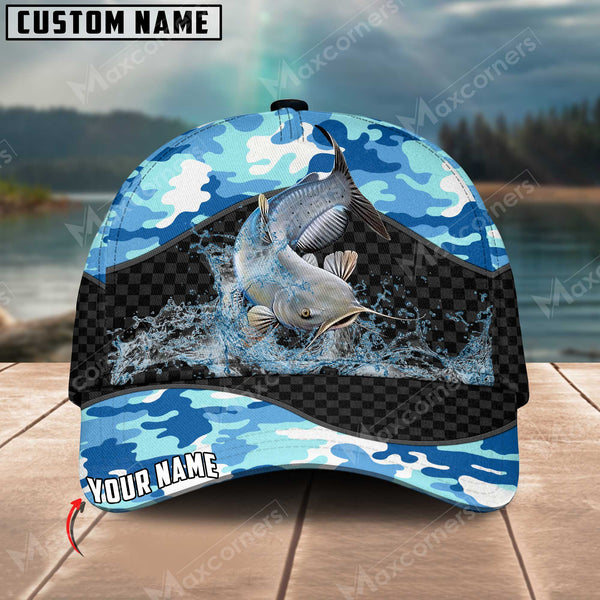 Maxcorners Personalized Fishing Blue Camo Sport 3D Cap ( Large Mouth Bass, Walleye, Stripped Bass, Trout Fish, Catfish, Crappie, Salmon, Pike )