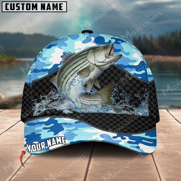 Maxcorners Personalized Fishing Blue Camo Sport 3D Cap ( Large Mouth Bass, Walleye, Stripped Bass, Trout Fish, Catfish, Crappie, Salmon, Pike )