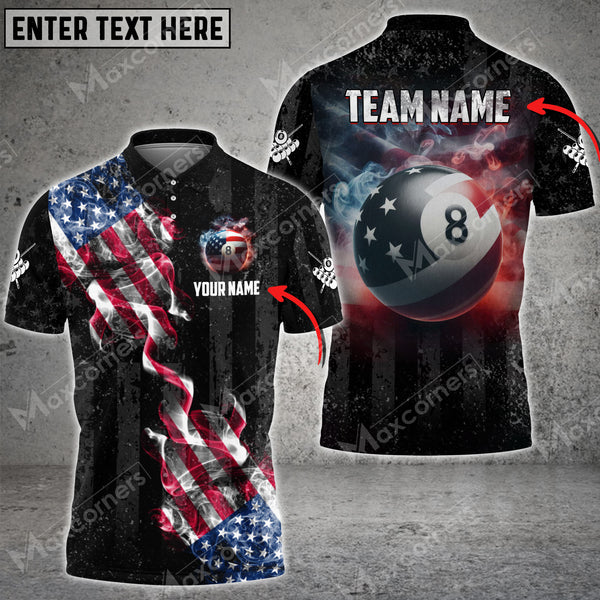 Maxcorners Billiards 8 Ball Pool Smoke US Flag Personalized Name 3D Shirt