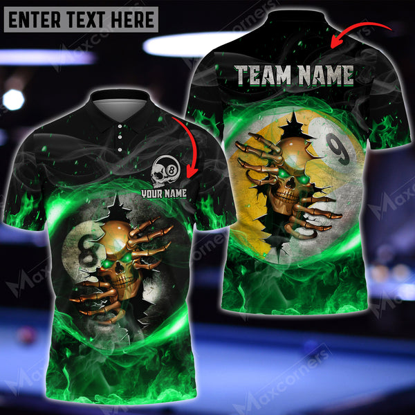 Maxcorners Billiards 8 Ball & 9 Ball Fire Skull Crack Personalized Name, Team Name 3D Shirt ( 6 Colors )