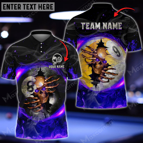 Maxcorners Billiards 8 Ball & 9 Ball Fire Skull Crack Personalized Name, Team Name 3D Shirt ( 6 Colors )