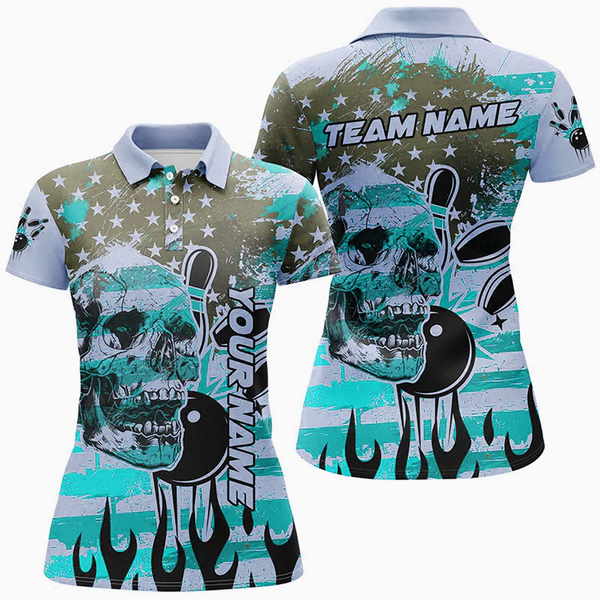 Maxcorners Bowling Ball & Pins American Flag Skull Jerseys Multicolor Option Customized Name 3D Shirt For Women