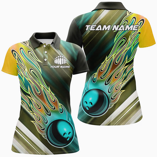 Maxcorners Bowling Ball And Pins Flame Pattern Multicolor Option Customized Name 3D Shirt For Women