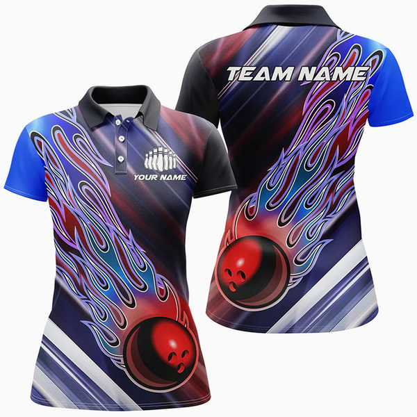 Maxcorners Bowling Ball And Pins Flame Pattern Multicolor Option Customized Name 3D Shirt For Women