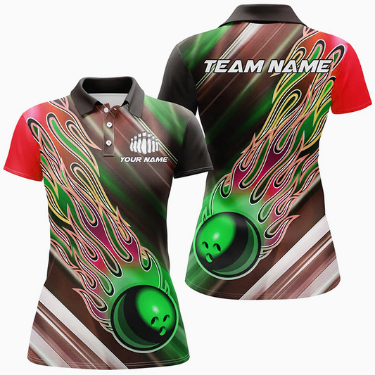 Maxcorners Bowling Ball And Pins Flame Pattern Multicolor Option Customized Name 3D Shirt For Women