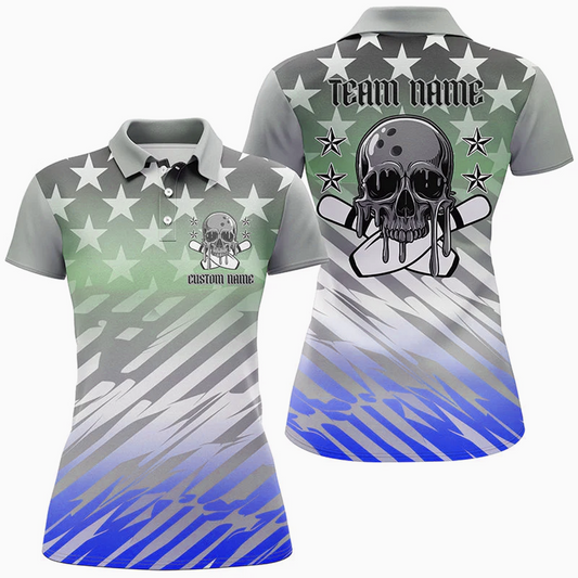 Maxcorners Bowling Ball And Pins Flag Skull Patriotic Multicolor Option Customized Name 3D Shirt For Women