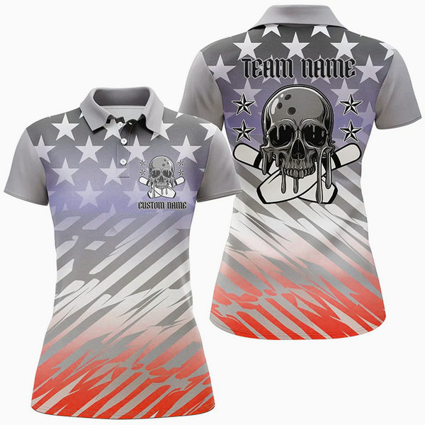Maxcorners Bowling Ball And Pins Flag Skull Patriotic  Multicolor Option Customized Name 3D Shirt For Women