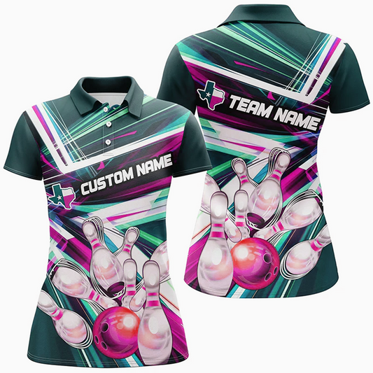 Maxcorners Bowling Ball And Pins Colorful Texas Flag Multicolor Option Customized Name 3D Shirt For Women