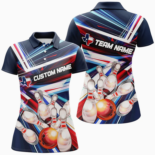 Maxcorners Bowling Ball And Pins Colorful Texas Flag Multicolor Option Customized Name 3D Shirt For Women