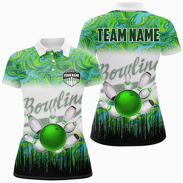 Maxcorners Bowling Ball And Pins Marble Pattern Multicolor Option Customized Name 3D Shirt For Women