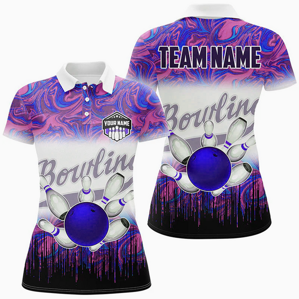 Maxcorners Bowling Ball And Pins Marble Pattern Multicolor Option Customized Name 3D Shirt For Women