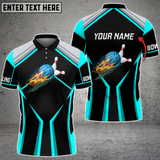 Maxcorners Cyan Bowling And Pins Fire Premium Customized Name 3D Shirt