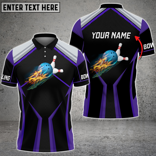 Maxcorners Purple Bowling And Pins Fire Premium Customized Name 3D Shirt