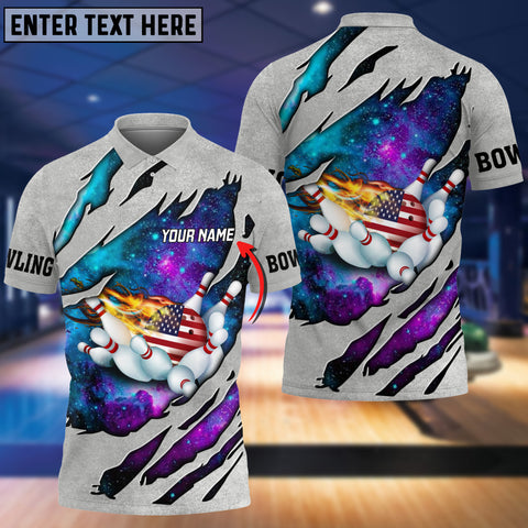 Maxcorners Bowling USA Flag Galaxy Classic Customized Name 3D Shirt