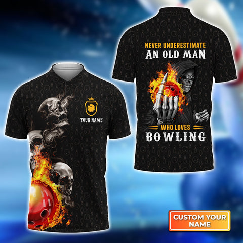 Maxcorners Bowling Skull Never Underestimate An Old Man Who Loves Bowling Customized Name 3D Shirt