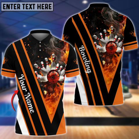 Maxcorners Orange Bowling And Pins Flame Premium Customized Name 3D Shirt