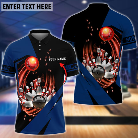 Maxcorners Blue Bowling Ball In Fire Customized Name 3D Shirt