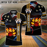 Maxcorners Bowling Ball And Pins Flame USA Flag Pattern Premium Customized Name 3D Shirt