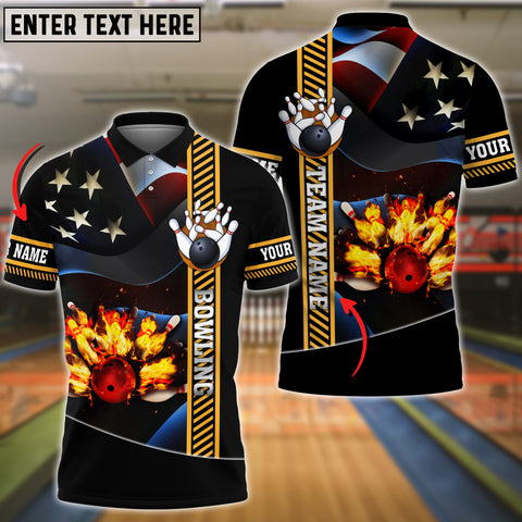 Maxcorners Bowling Ball And Pins Flame USA Flag Pattern Premium Customized Name 3D Shirt