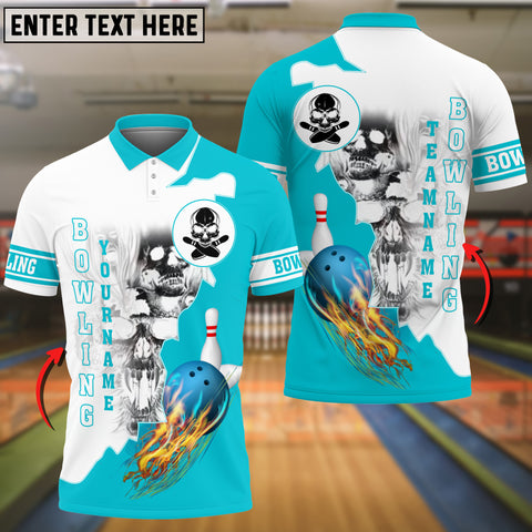 Maxcorners Cyan Bowling Ball Flame Skull Pattern Premium Customized Name 3D Shirt