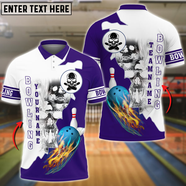 Maxcorners Purple Bowling Ball Flame Skull Pattern Premium Customized Name 3D Shirt