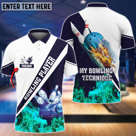 Maxcorners My Bowling Technique Cyan Flame Pattern Premium Customized Name 3D Shirt