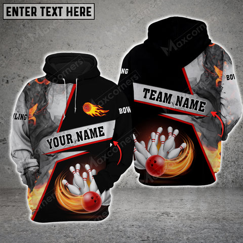 Maxcorners Bowling Flame Grey Smoke Pattern 3D Custom Name Shirt