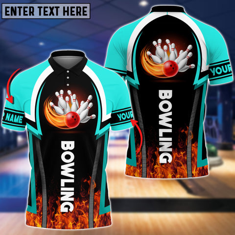 Maxcorners Cyan Bowling Fire Pattern Premium Customized Name 3D Shirt