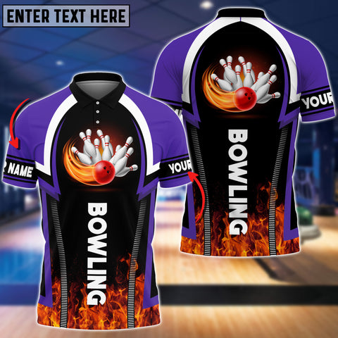 Maxcorners Purple Bowling Fire Pattern Premium Customized Name 3D Shirt
