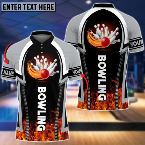 Maxcorners Grey Bowling Fire Pattern Premium Customized Name 3D Shirt