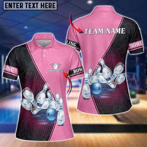 Maxcorners Pink Bowling Ball And Pins Pattern Premium Customized Name 3D Shirt For Women