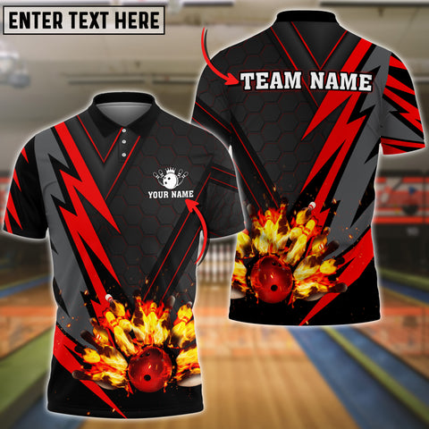 Maxcorners Bowling Ball  And Pins Flame Red Thunder Pattern Premium Customized Name 3D Shirt